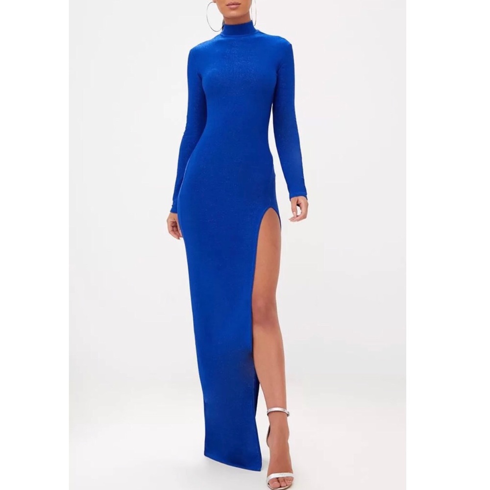 SOLD PLT Blue High Neck Side Split Maxi Dress